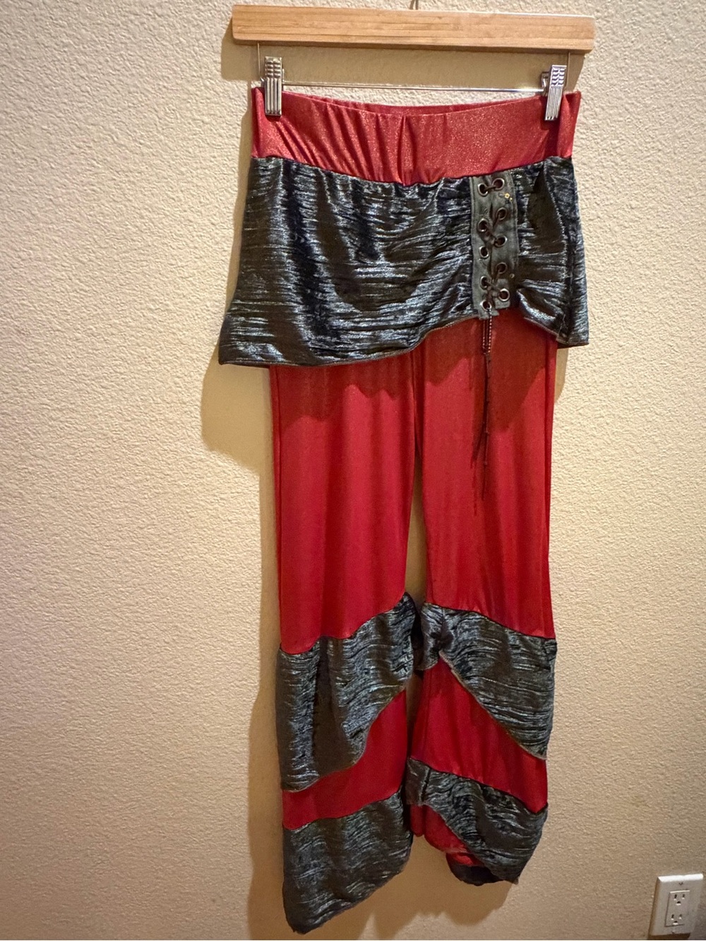 Red Wide-Leg Palazzo Pants with Gunmetal Layered Panels